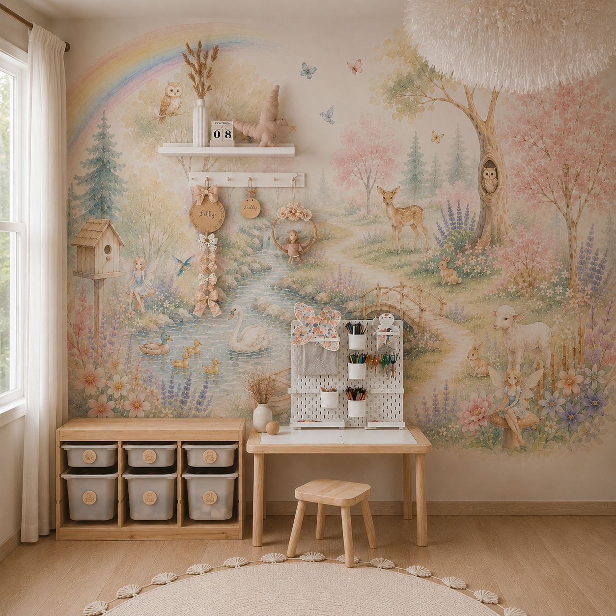 Woodland fairy wallpaper shown in a cozy nursery with swan, deer, lamb, bunnies, rainbow and blooming pastel trees.