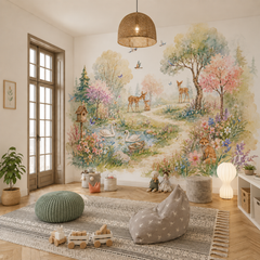 Woodland nursery wall mural with deer, bunny, swans, fox and floral forest scene in a cozy kids playroom.