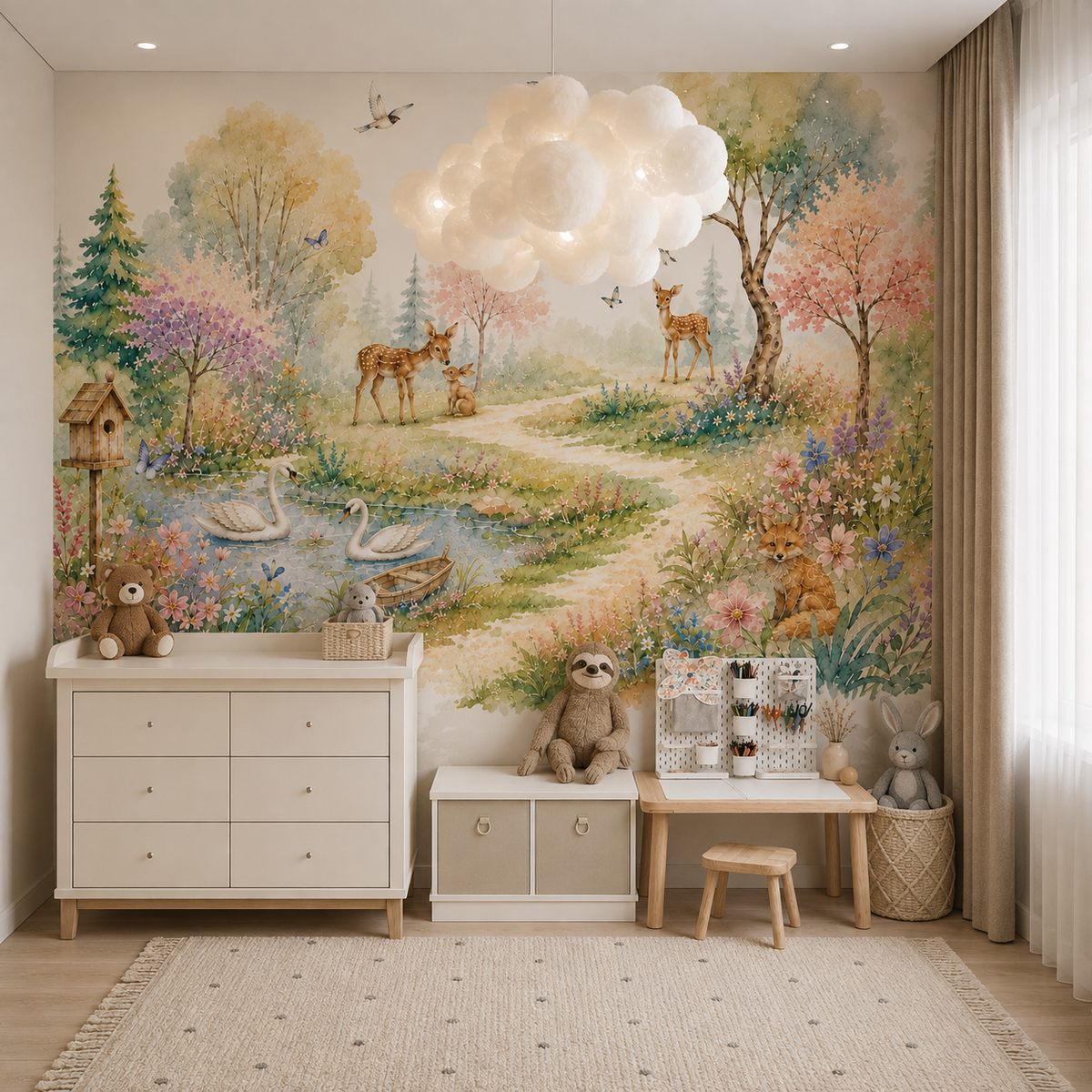Watercolor woodland wallpaper with deer, swans, bunny, fox, birds, flowers and a peaceful forest pond.