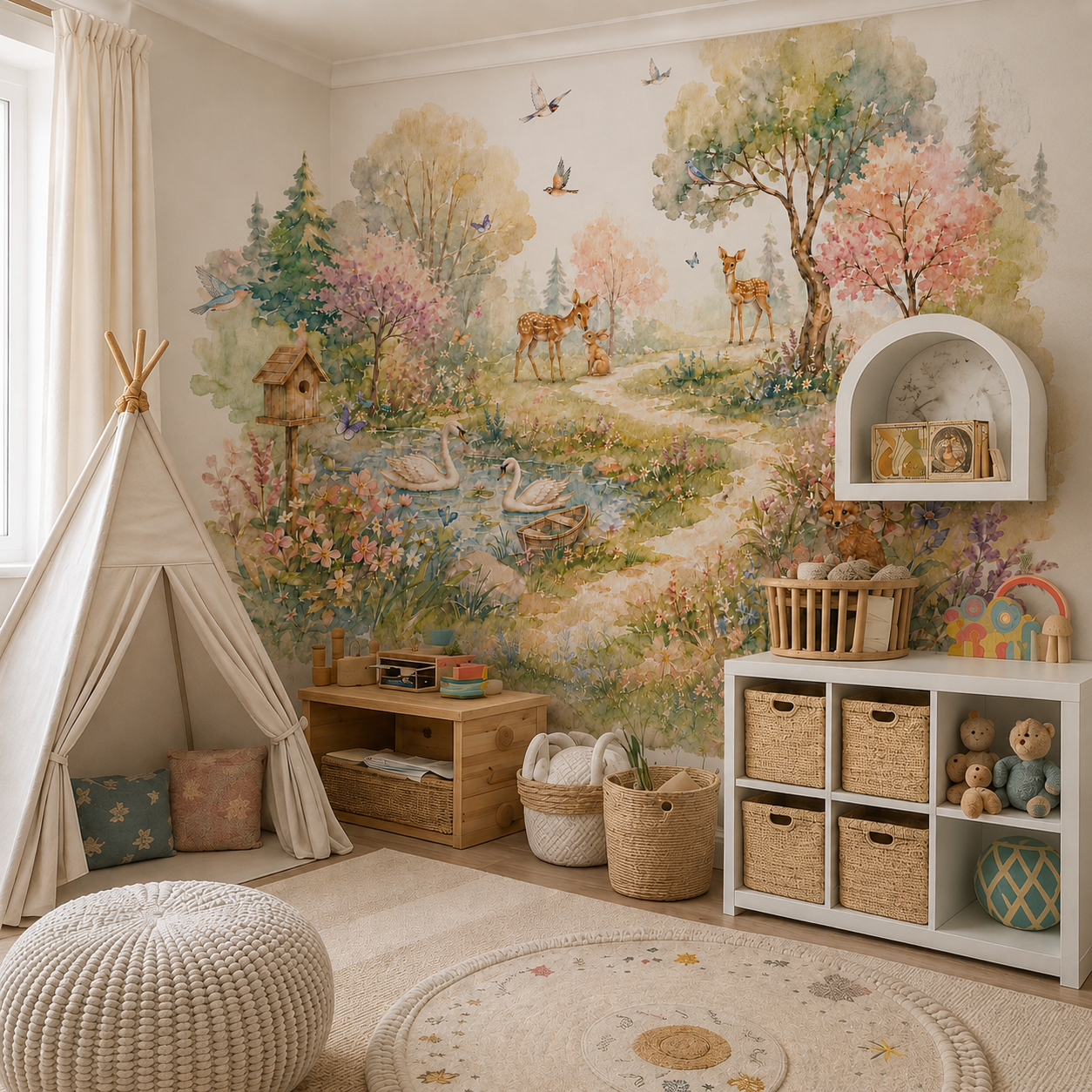 Watercolor woodland animals wallpaper with deer, swans, fox and blooming trees shown behind a kids bed and play area.