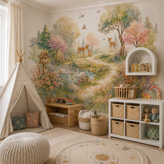 Watercolor woodland animals wallpaper with deer, swans, fox and blooming trees shown behind a kids bed and play area.