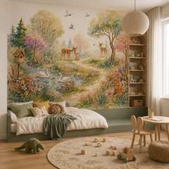 Woodland animals wall mural shown in a bright kids playroom with deer, swans, fox and colorful watercolor flowers.