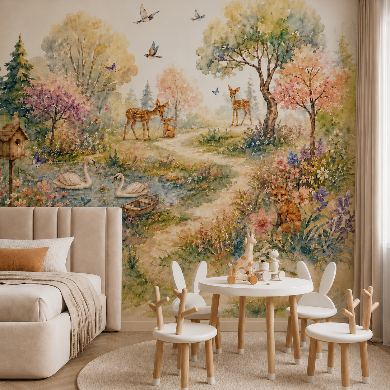 Watercolor forest wallpaper with deer, swans and fox displayed in a neutral nursery with storage furniture and kids desk.