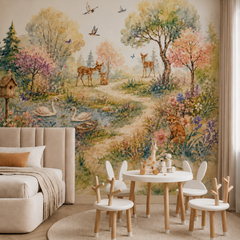 Watercolor forest wallpaper with deer, swans and fox displayed in a neutral nursery with storage furniture and kids desk.