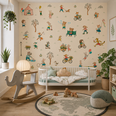 Animal character wallpaper shown in a cozy nursery with rabbits, foxes, bears and playful illustrated scenes.