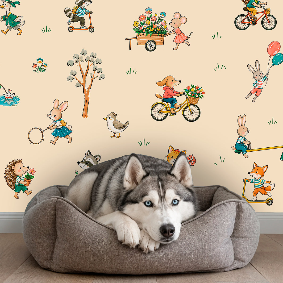 Playful animal wallpaper with bunnies, foxes, bears, hedgehogs, dogs and other storybook characters on a warm beige background.