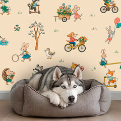 Playful animal wallpaper with bunnies, foxes, bears, hedgehogs, dogs and other storybook characters on a warm beige background.