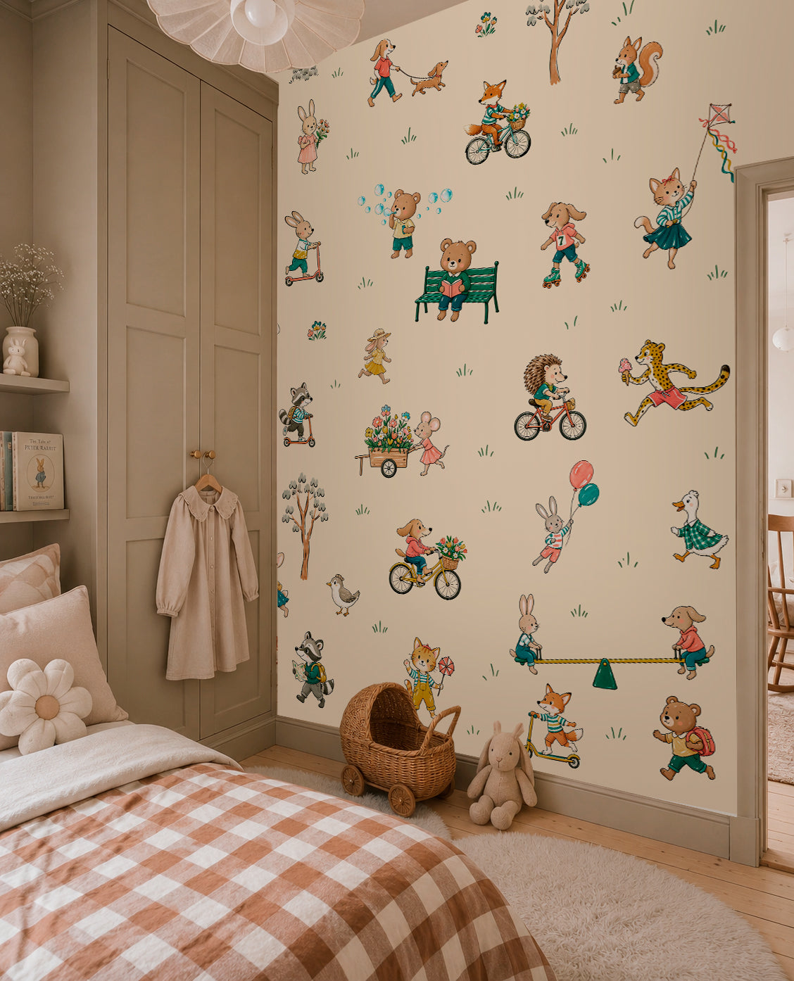 Kids animal wall mural with bunnies, dogs, foxes and woodland characters displayed behind a husky dog bed.