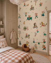 Kids animal wall mural with bunnies, dogs, foxes and woodland characters displayed behind a husky dog bed.