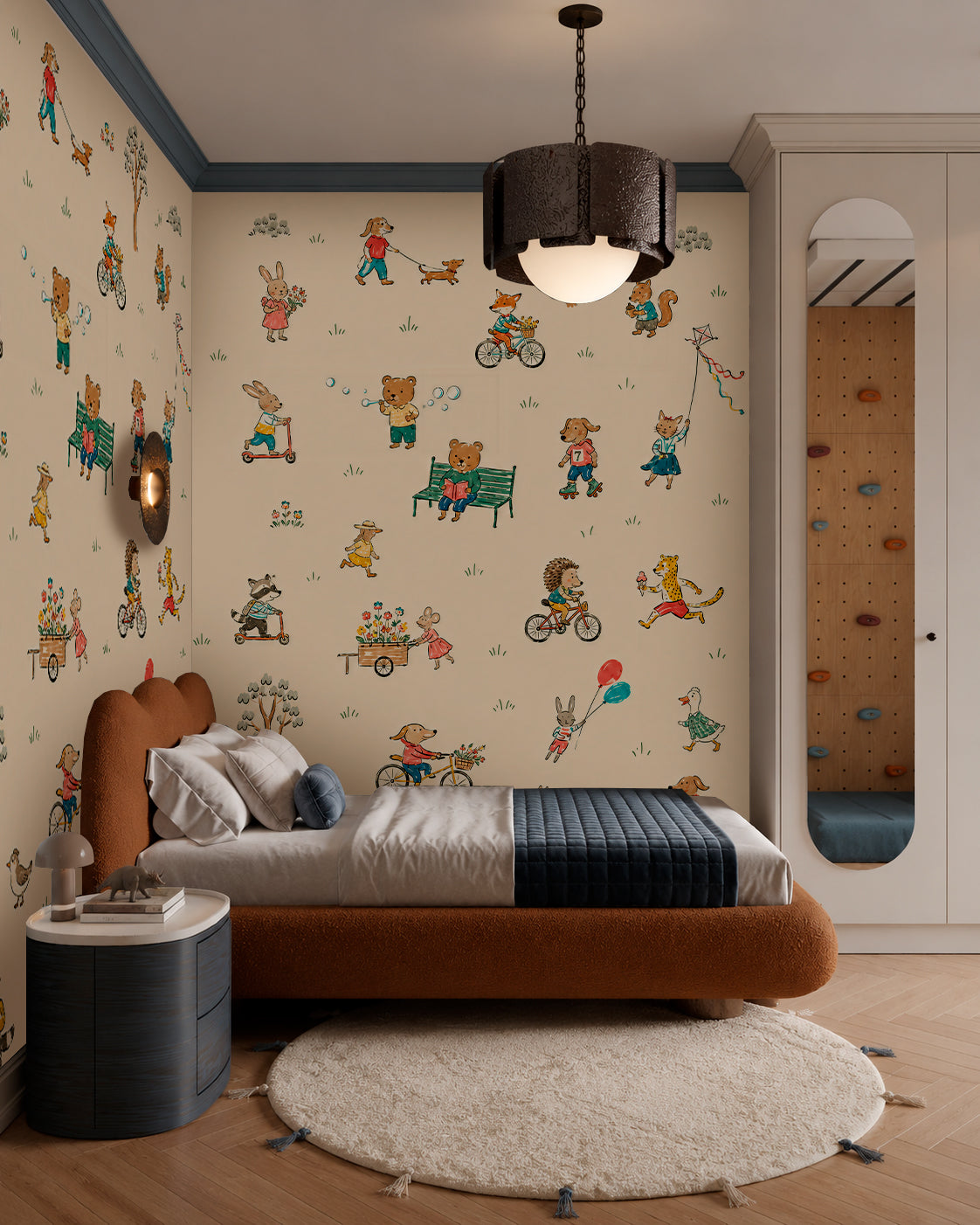 Playful storybook animal wallpaper in a warm neutral kids bedroom with illustrated rabbits, bears, foxes and dogs.