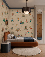 Playful storybook animal wallpaper in a warm neutral kids bedroom with illustrated rabbits, bears, foxes and dogs.