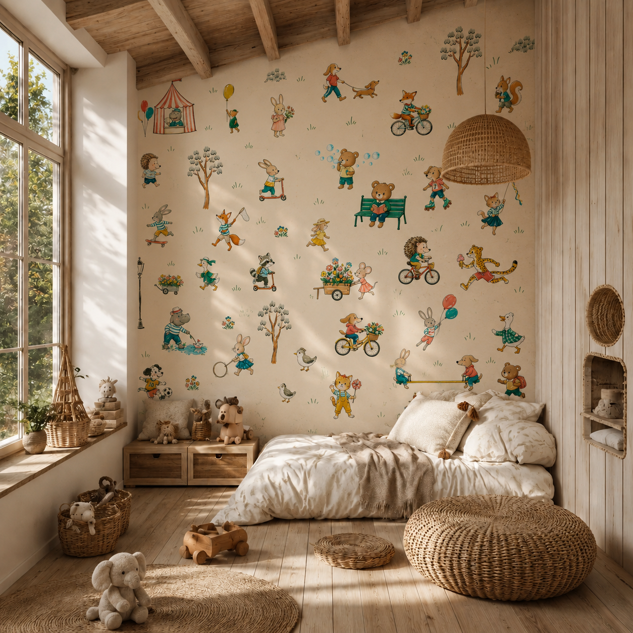 Animal themed kids wallpaper with colorful storybook characters shown in a modern children’s bedroom.