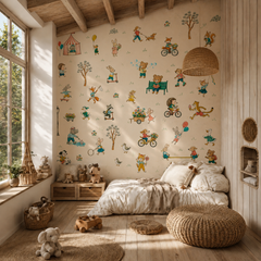 Animal themed kids wallpaper with colorful storybook characters shown in a modern children’s bedroom.