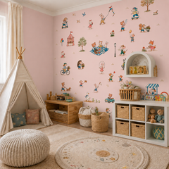 Pink animal wall mural with bunnies, bears, foxes and playful storybook scenes in a bright children’s playroom.