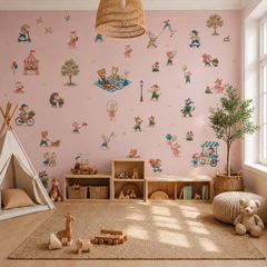Playful animal wallpaper on a soft pink background shown in a cozy kids playroom with teepee and wooden storage.