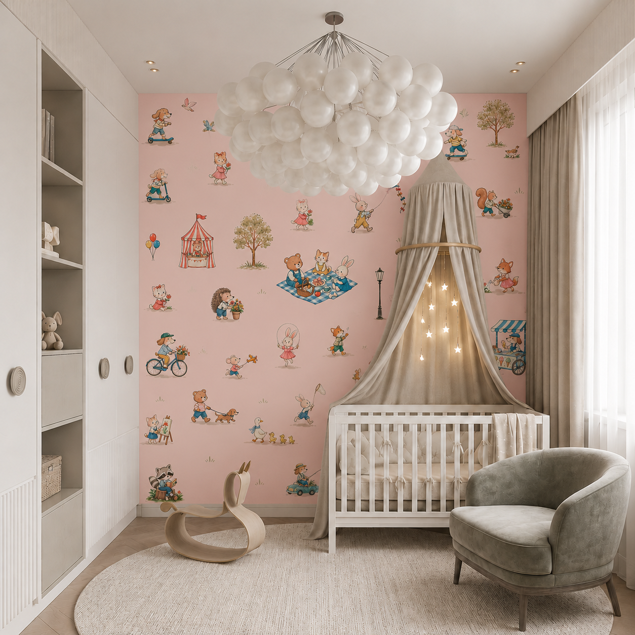 Whimsical pink kids wallpaper with illustrated animals, picnic scenes, balloons and playful outdoor activities.