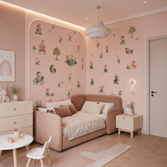 Pink kids wallpaper with playful bunnies, bears, foxes, cats, dogs and storybook animal characters.