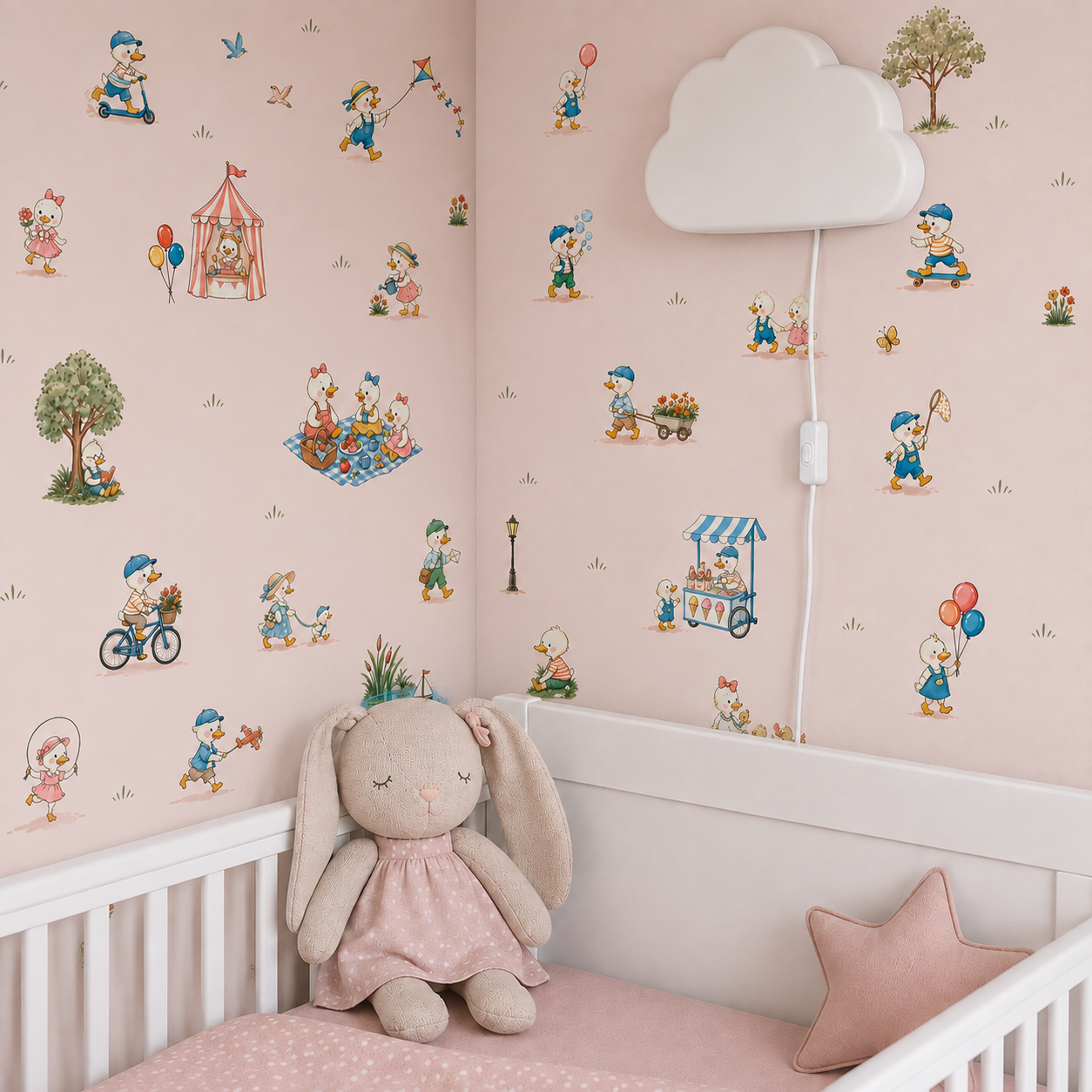Pink duck wallpaper with playful ducklings riding scooters, flying kites, having picnics and enjoying storybook activities.
