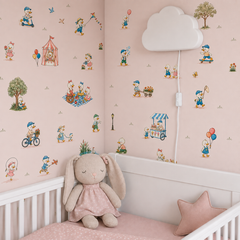 Pink duck wallpaper with playful ducklings riding scooters, flying kites, having picnics and enjoying storybook activities.