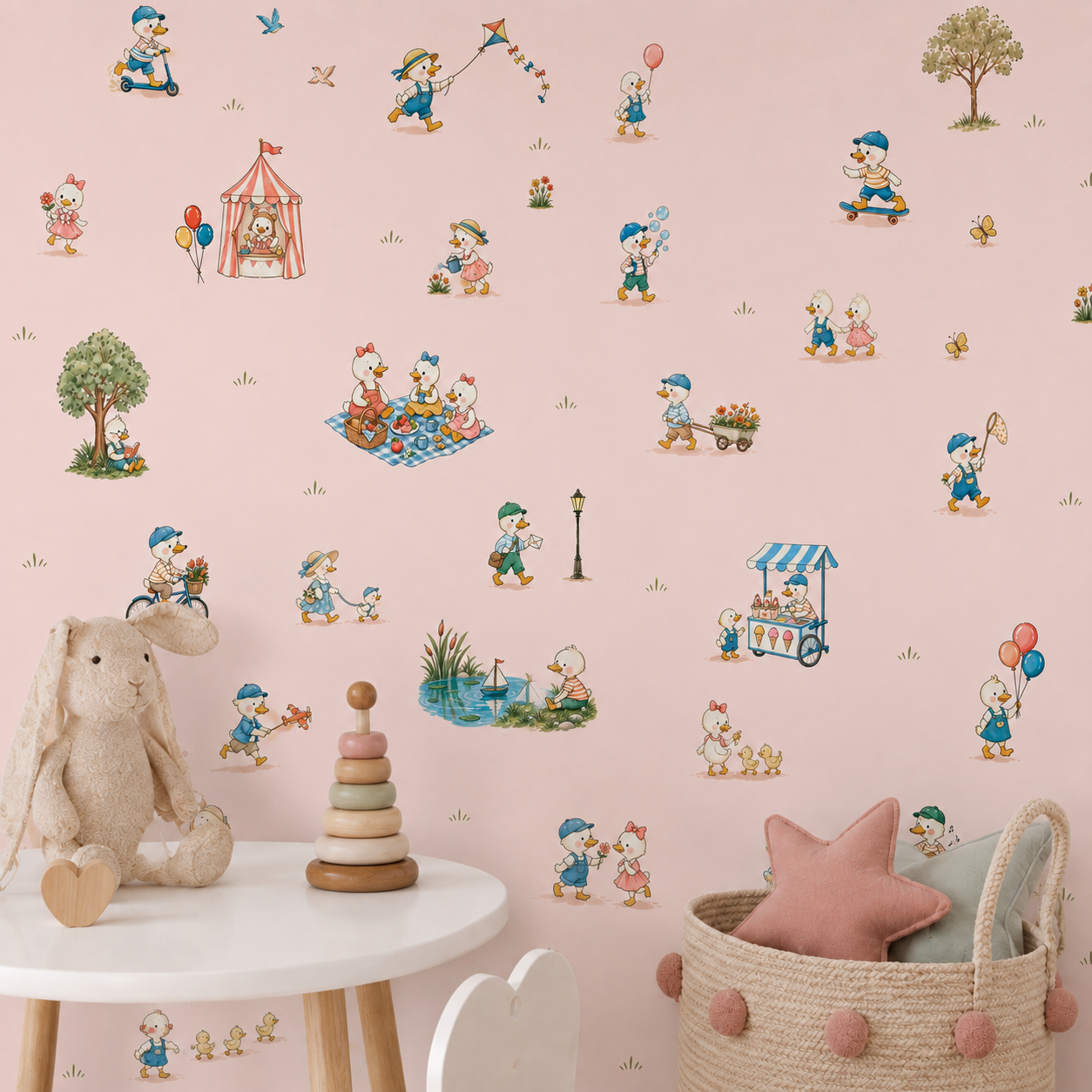 Pink duck nursery wallpaper shown above a white crib with playful duck characters, balloons, picnic scenes and trees.