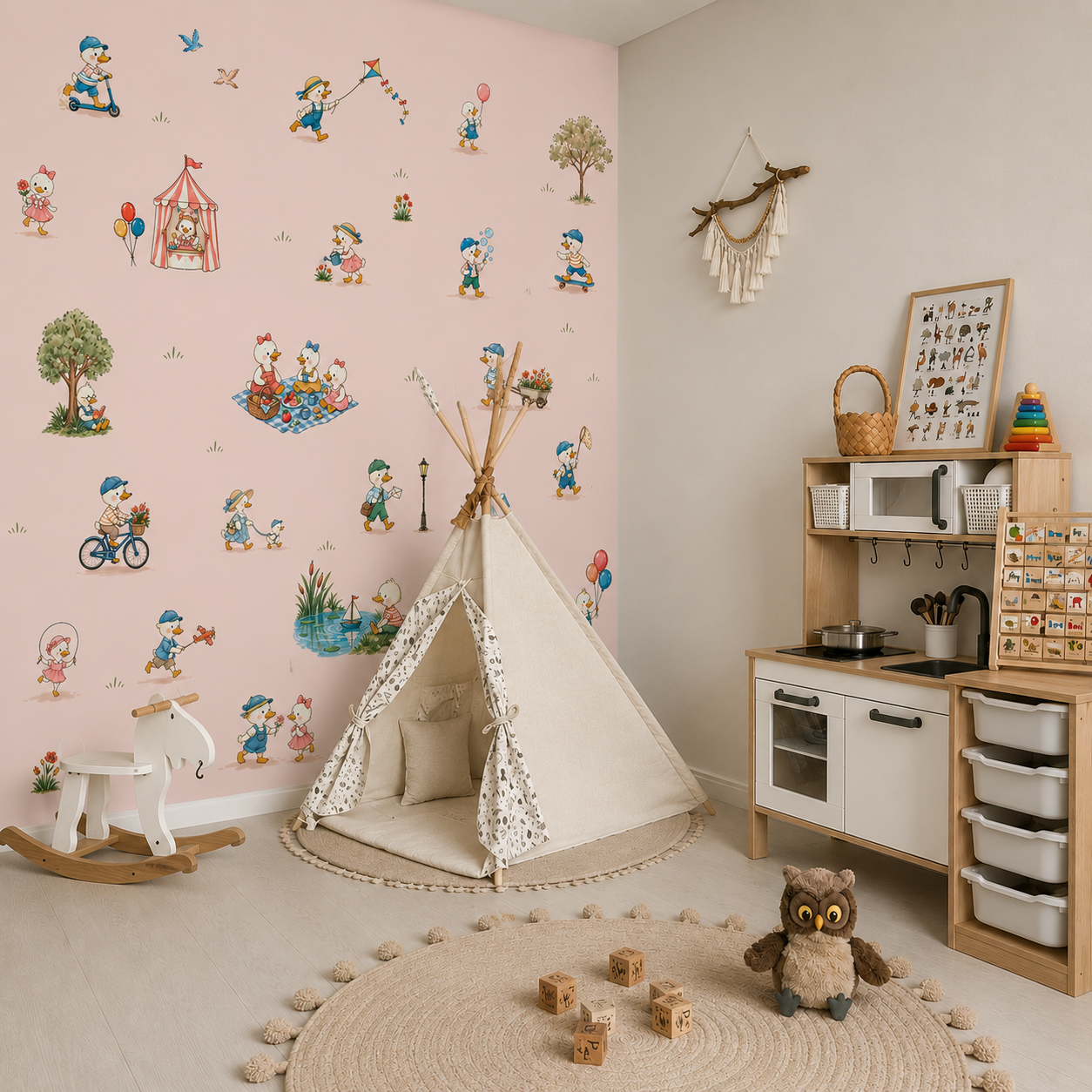 Kids duck wallpaper on a soft pink background with illustrated ducklings, ice cream cart, picnic and outdoor activities.