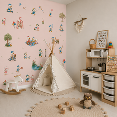 Kids duck wallpaper on a soft pink background with illustrated ducklings, ice cream cart, picnic and outdoor activities.