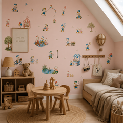 Pink duck wall mural displayed in a children’s playroom with teepee, toy kitchen and playful vintage duck illustrations.