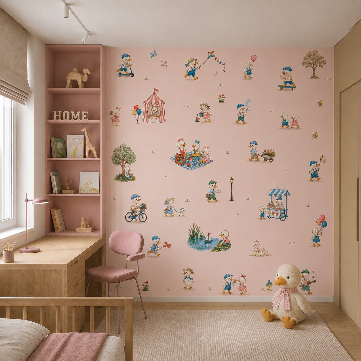Duck themed kids wallpaper shown in a cozy attic bedroom with bicycles, balloons, picnic scenes and storybook characters.