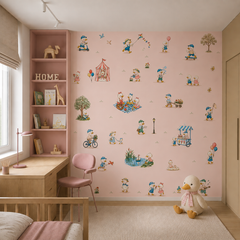 Duck themed kids wallpaper shown in a cozy attic bedroom with bicycles, balloons, picnic scenes and storybook characters.