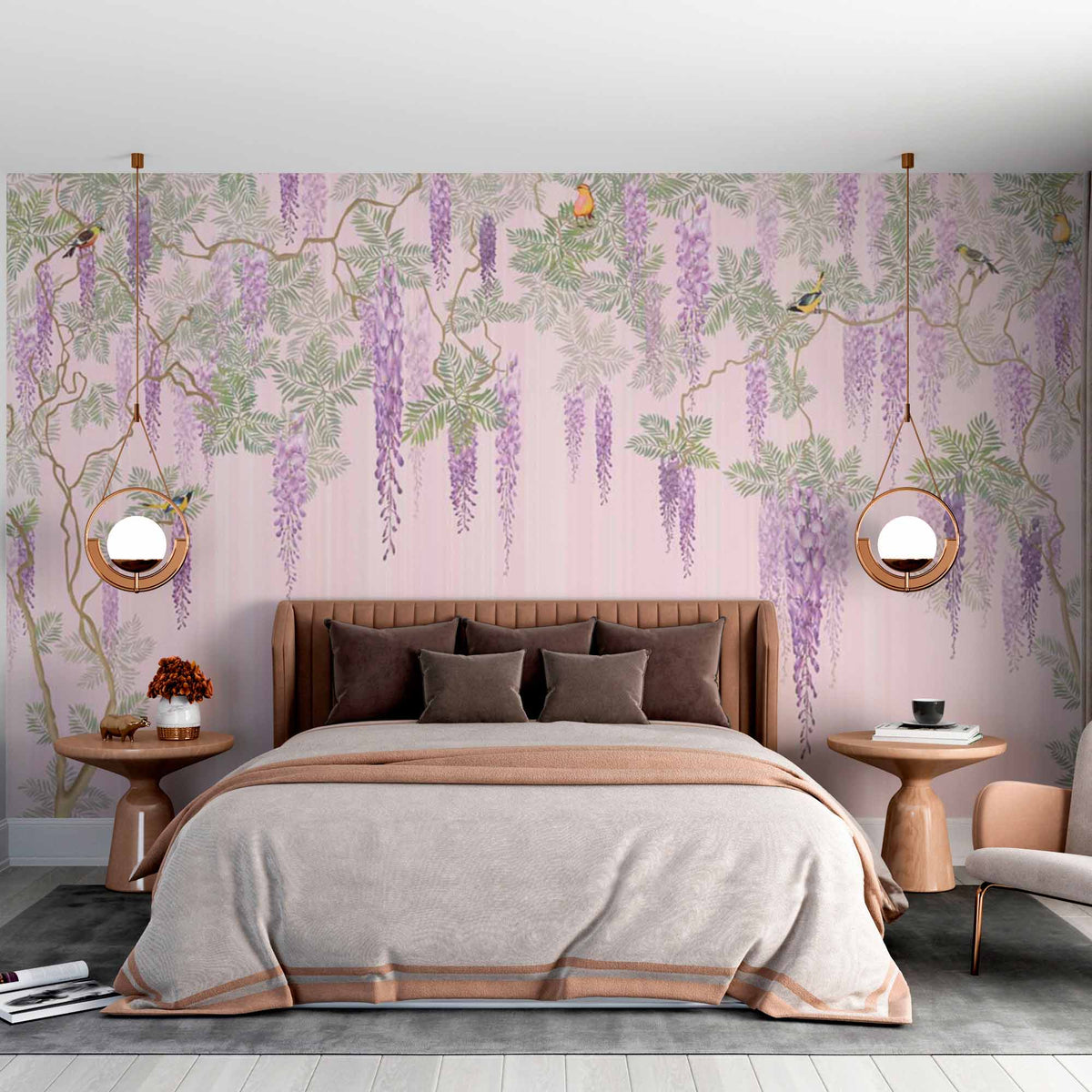 Custom Wisteria and Birds Wall Mural on Pink Background Floral Wallpaper