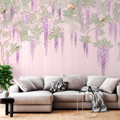 Custom Wisteria and Birds Wall Mural on Pink Background Floral Wallpaper