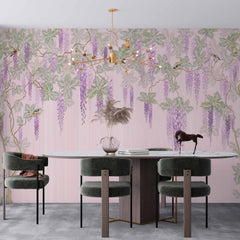 Custom Wisteria and Birds Wall Mural on Pink Background Floral Wallpaper