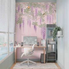 Custom Wisteria and Birds Wall Mural on Pink Background Floral Wallpaper