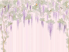 Custom Wisteria and Birds Wall Mural on Pink Background Floral Wallpaper