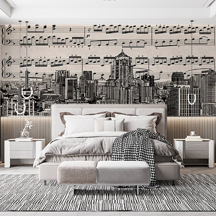 Musical Cityscape Wall Mural - Urban Skyline with Sheet Music Overlay