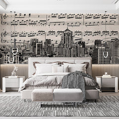 Custom Musical Cityscape Wall Mural - Urban Skyline with Sheet Music Overlay