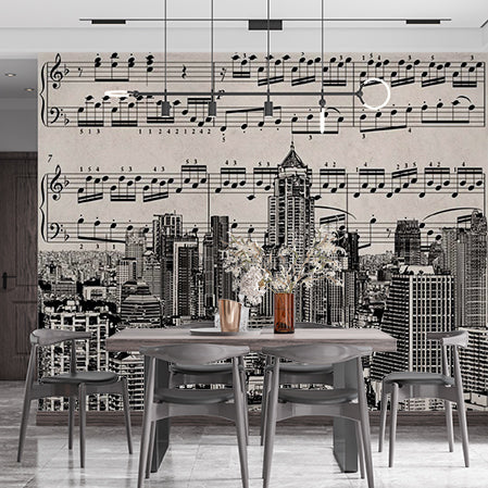 Musical Cityscape Wall Mural - Urban Skyline with Sheet Music Overlay