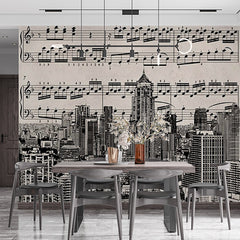 Custom Musical Cityscape Wall Mural - Urban Skyline with Sheet Music Overlay