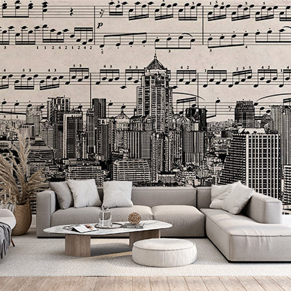 Musical Cityscape Wall Mural - Urban Skyline with Sheet Music Overlay