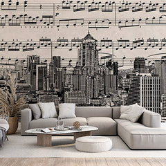 Custom Musical Cityscape Wall Mural - Urban Skyline with Sheet Music Overlay