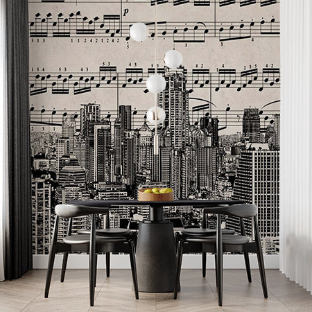 Custom Musical Cityscape Wall Mural - Urban Skyline with Sheet Music Overlay