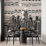 Musical Cityscape Wall Mural - Urban Skyline with Sheet Music Overlay