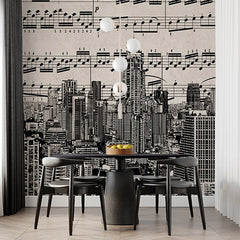 Custom Musical Cityscape Wall Mural - Urban Skyline with Sheet Music Overlay