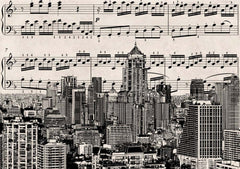 Custom Musical Cityscape Wall Mural - Urban Skyline with Sheet Music Overlay