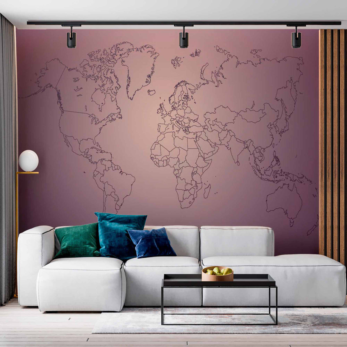 Custom Elegant Purple Gradient World Map Wall Mural Wallpaper with Fine Line Borders