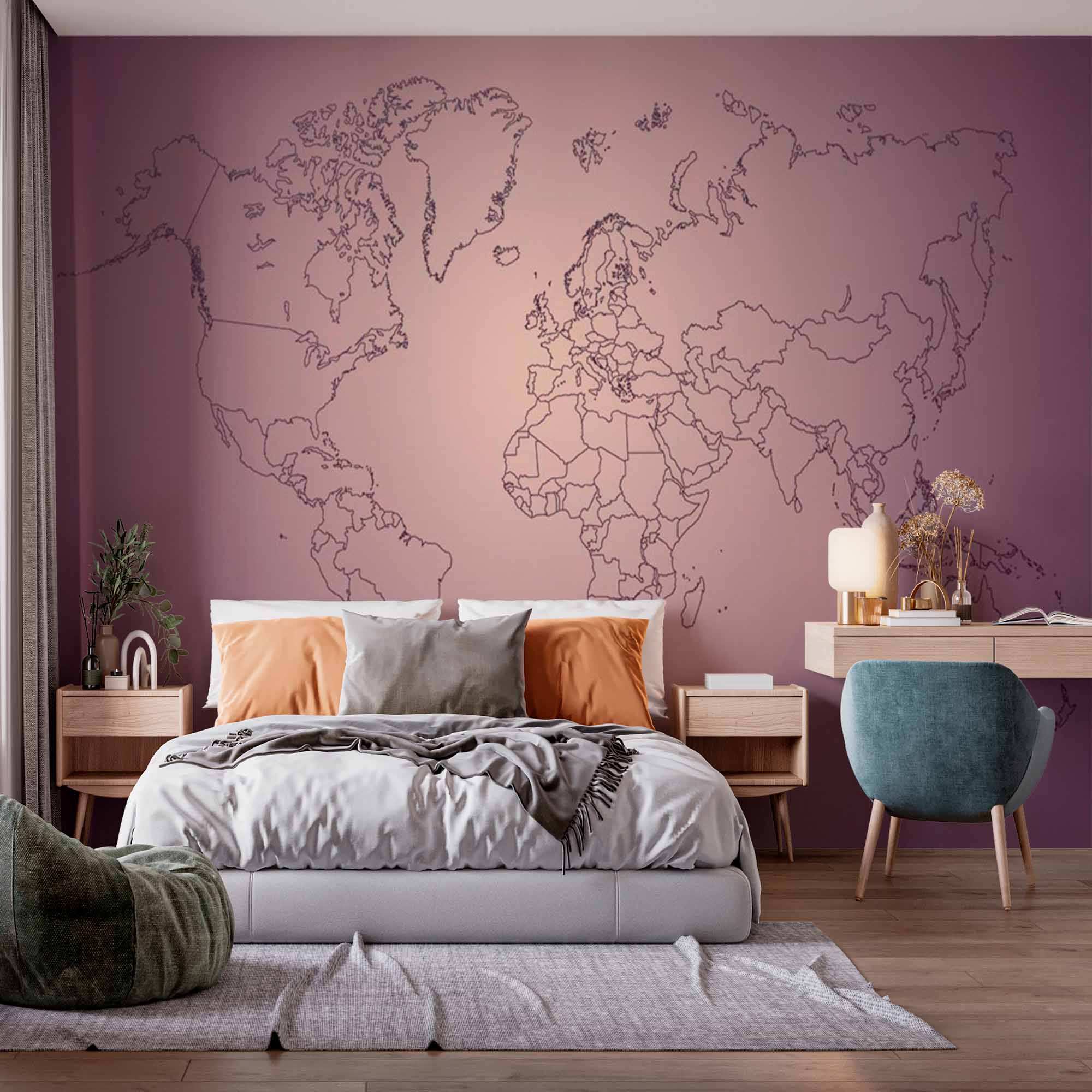 Elegant Purple Gradient World Map Wall Mural Wallpaper with Fine Line Borders