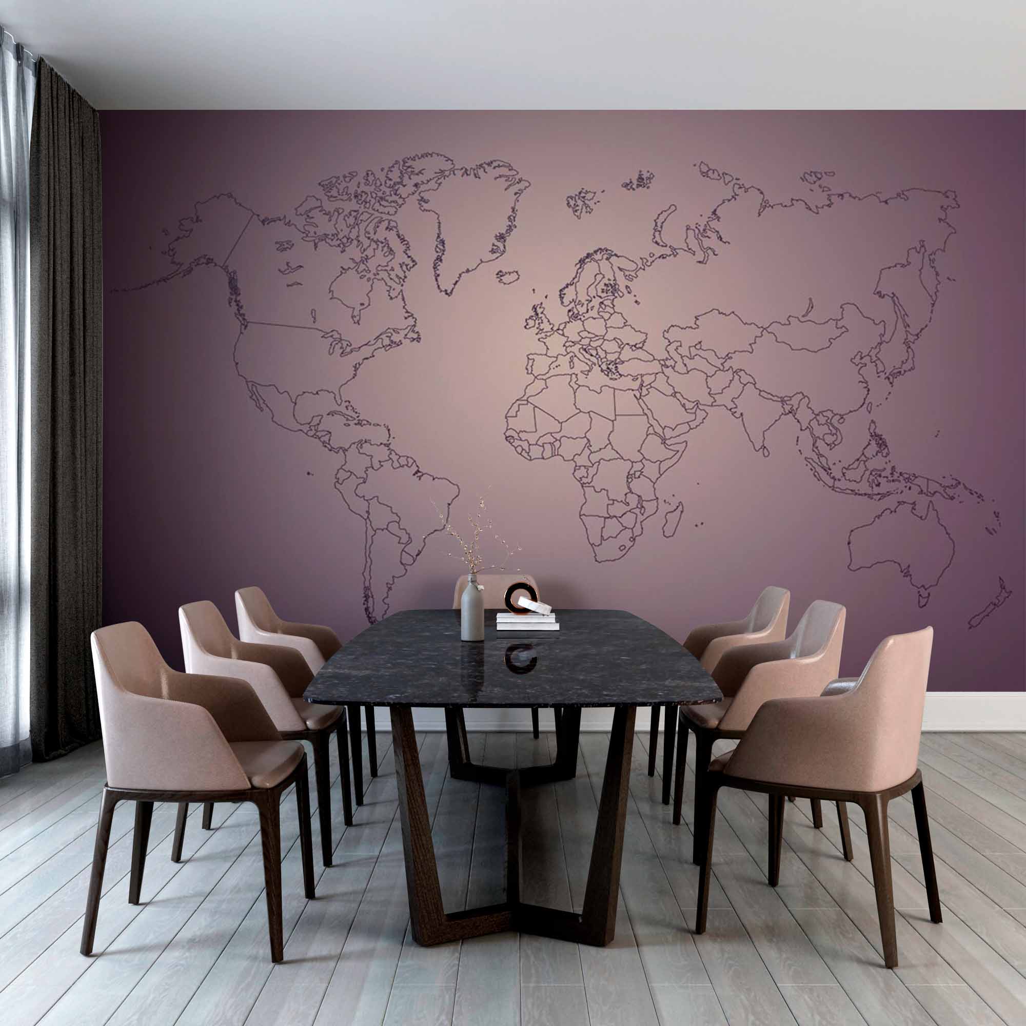 Elegant Purple Gradient World Map Wall Mural Wallpaper with Fine Line Borders