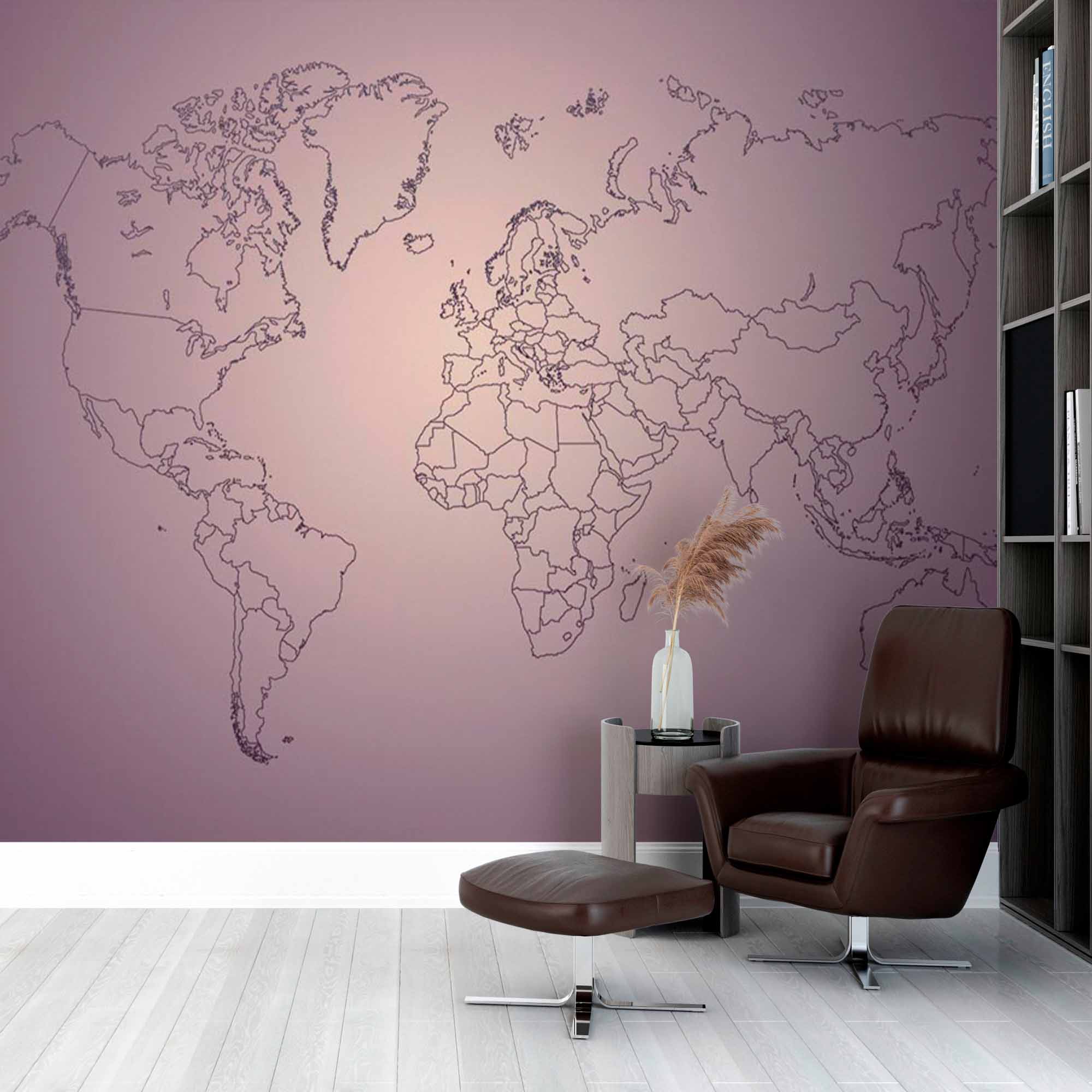 Elegant Purple Gradient World Map Wall Mural Wallpaper with Fine Line Borders