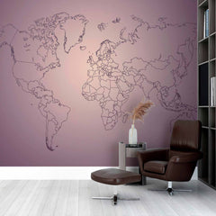 Custom Elegant Purple Gradient World Map Wall Mural Wallpaper with Fine Line Borders