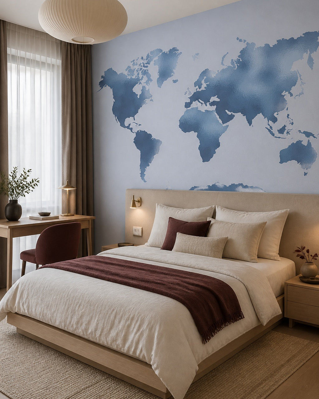 Blue world map wallpaper in a designer bedroom.